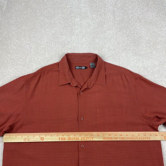 REI Shirt Mens XL Orange Check Button Up Short Sleeve Hiking Outdoor Rayon Blend - Picture 7 of 11
